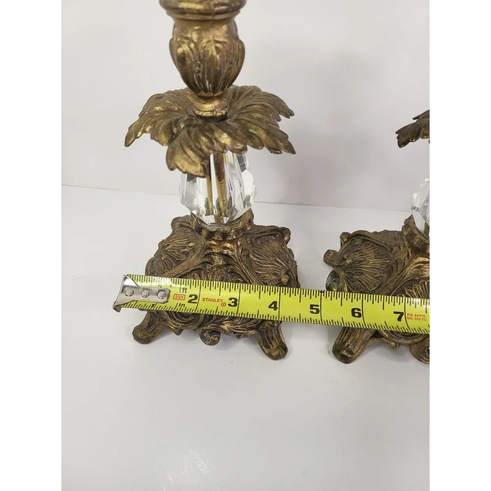 Vintage Ornate Brass and Faceted Crystal Taper Candle Holders Pair Rococo Style
